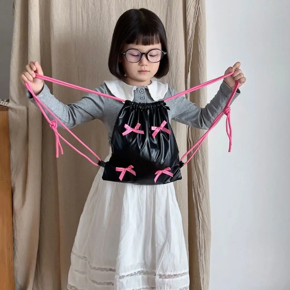 Korean style bow drawstring backpack silver Y2k nylon Ruched Knapsack solid color folding shoulder bag office staff 240912