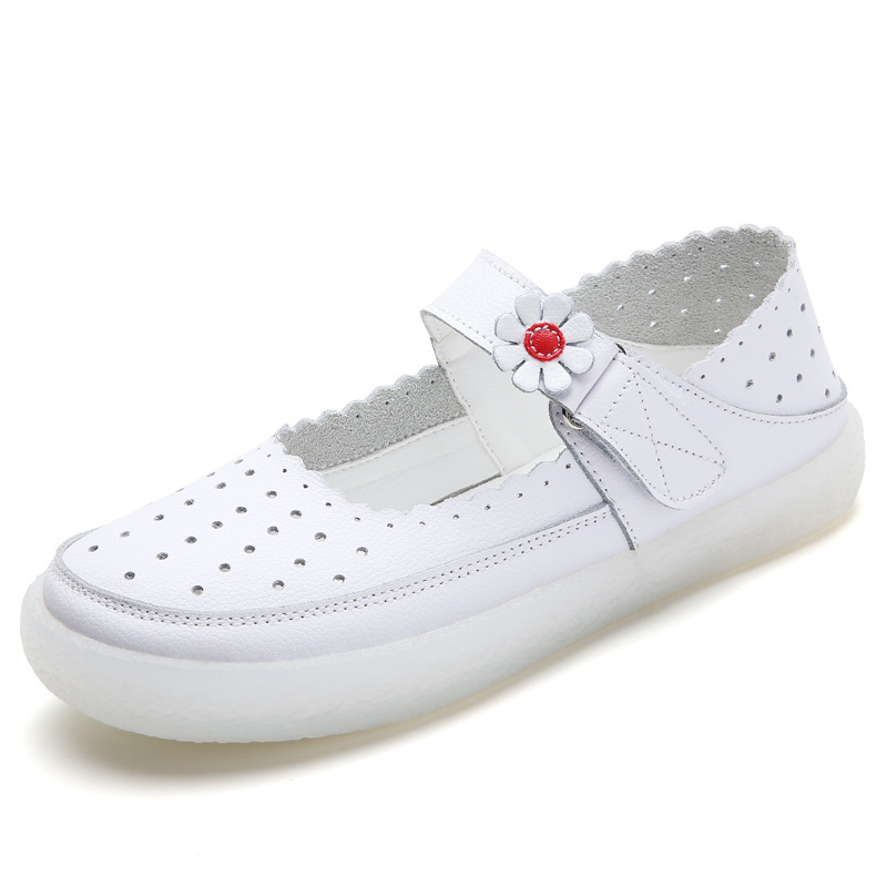 White Genuine Leather Sneakers Women Flat Platform Shoes Spring Casual Round toe Breathable Shoes Ladies White Nurse Shoes