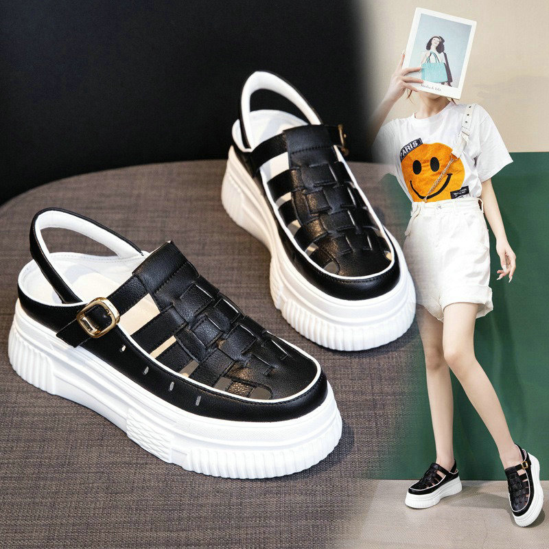 Inner Increasing Roman Sandals Female 2024 Summer New Woven Shoes Female Cowhide Leather Thick Sole Baotou Sandals