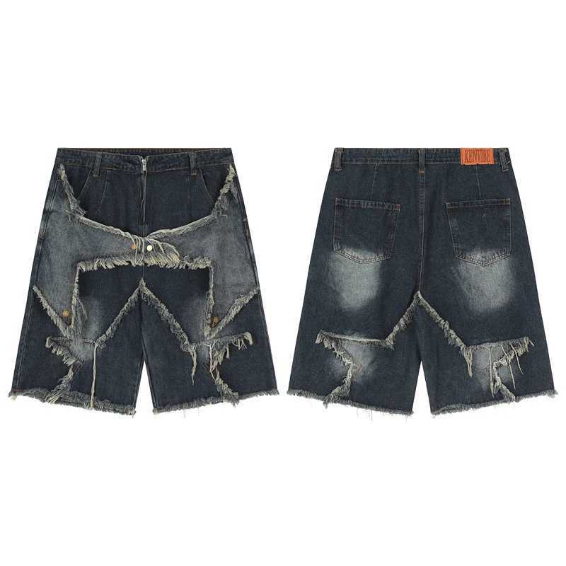 Harajuku Vintage Functional Embroidered Star Pattern Denim Shorts Mens Oversized Sunny Bermuda Casual Shorts College Pants Y2KX240914