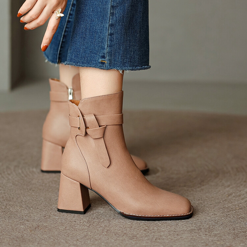 Casual NEW Split Leather Square Toe Chunky Shoes Winter Zipper Modern Women Solid High Heel Boots 70b6