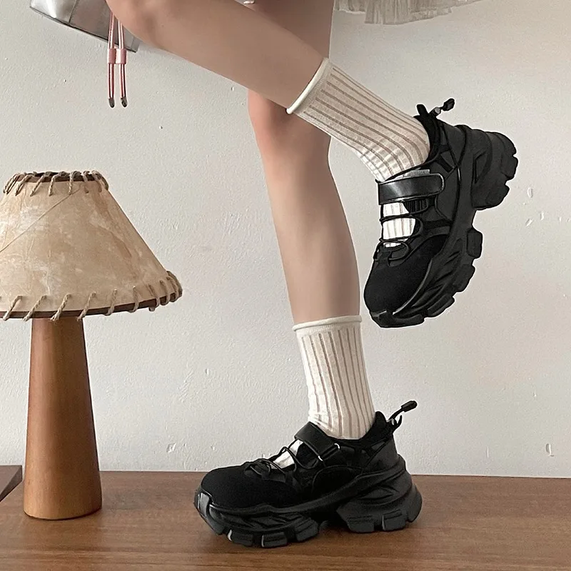 Retro Thick Bottom Mary Jane Shoes Women New Fashion Chunky Heel Women's Sneakers Black Gray Heightening Shallow Single Shoes
