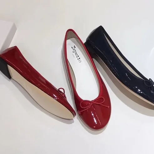 French Vintage Single Round Head Ballet Slippers Low Heel Shallow Sole Patent Leather Small Red Shoes Summer Women's Flats