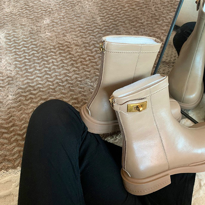 2024 Autumn And Winter New British Wind Round Head Back Zipper Thick Bottom Thick Split Leather Short Boots Women