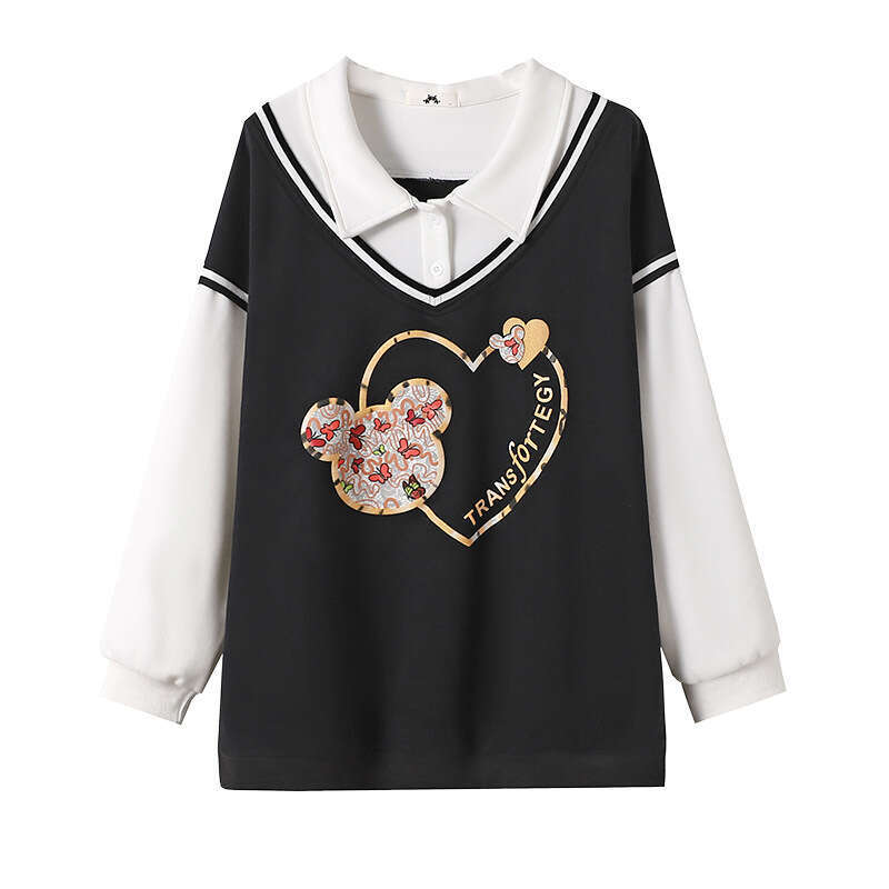 150Kg Plus Size Women's Bust 160 Autumn Loose College Style Patchwor Sweatshirt Poli Collar Top Black 6Xl 7Xl 8Xl 9Xl 10Xl