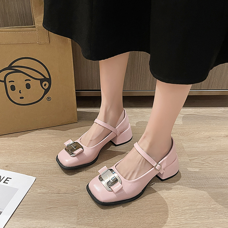 Square Head Single Shoes Women 2024 Spring New Korean Retro Everything Thick Heel Soft Soft Surface Mary Jane Shoes Bean Shoes
