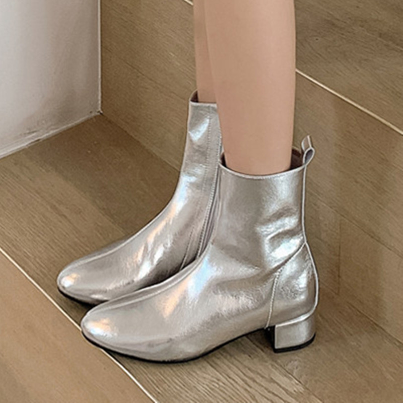 Sier Gold Ankle Boots For Women Mirror Genuine Leather Autumn Winter Casual Low Heel Short Party Shoes Ladies Sexy 1ac2
