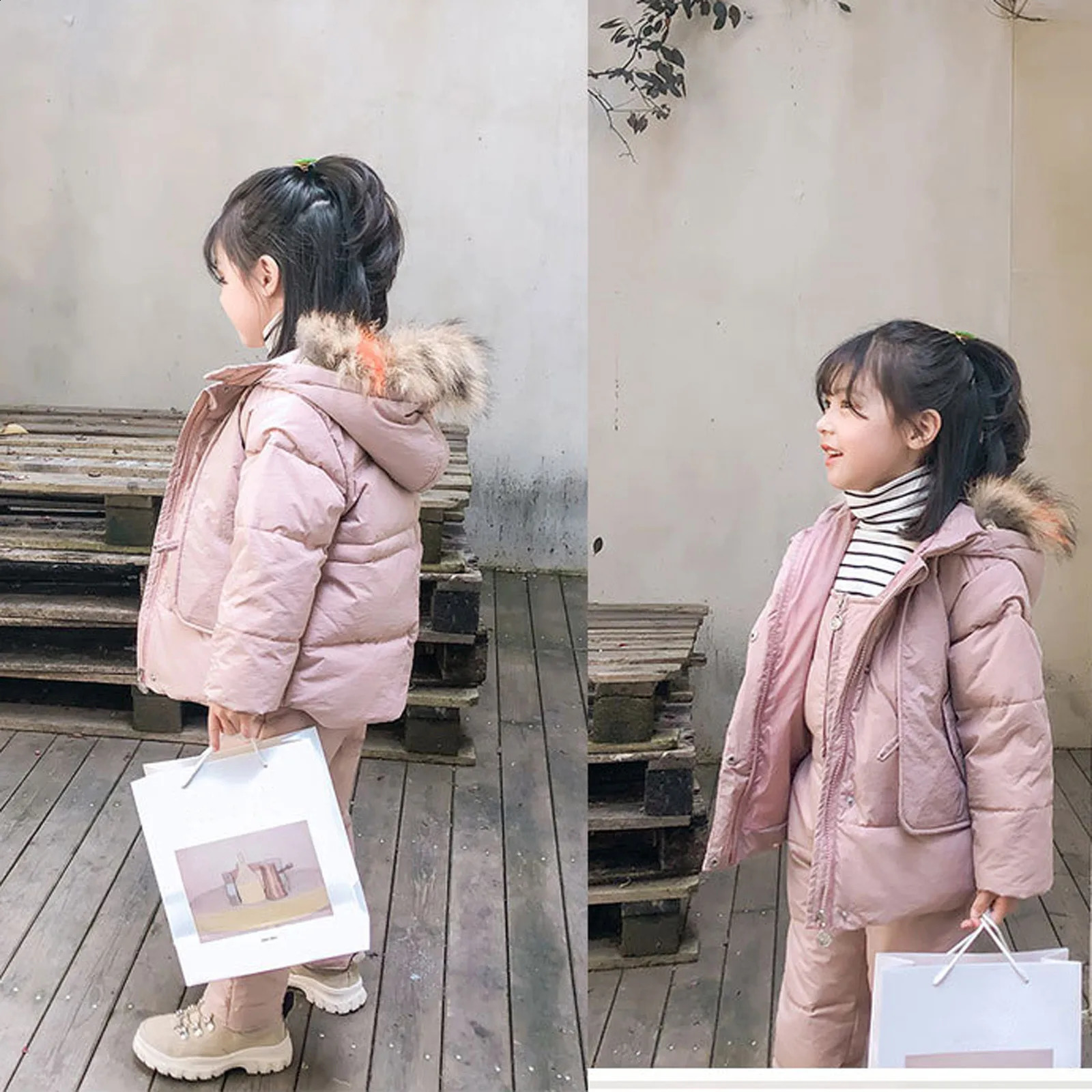 Fashionable Fur Hooded Baby Boy Girl Overalls Winter Down Jacket Warm Kids Coat Child Snowsuit Snow Toddler 2 Pieces Clothing 240904