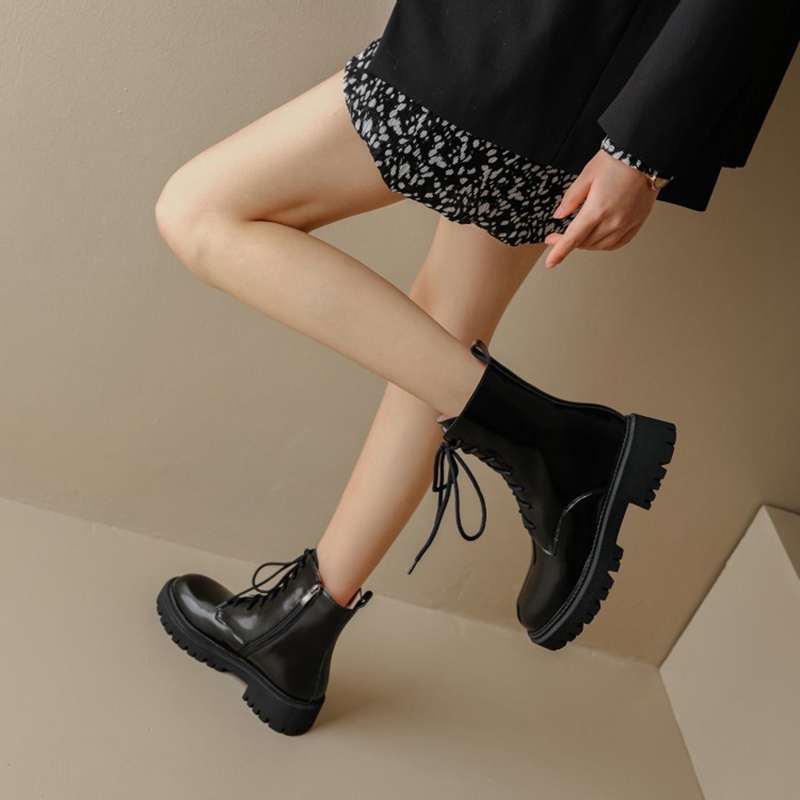 Round Autumn Toe Thick Heel Patent Leather Winter Blended Wool Platform Snow Boots Warm Shoes for Women a3f9