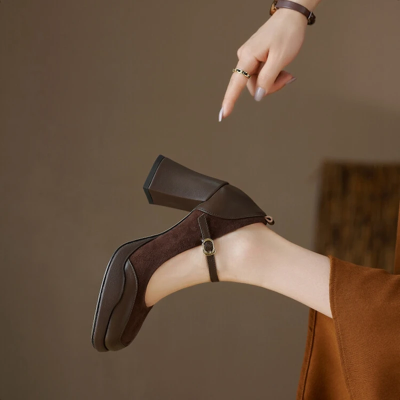 2025 new Women's Spring Pumps Sheep Suede Leather for Women Round Toe Chunky Super High Heel Mary Janes Platform Shoes 0811 Platm