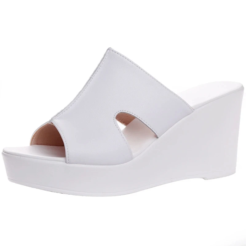 New Summer Fish Mouth Genuine Leather Slipper Women Platform Sandals Heighten Shoes Wedges Sandals High Heels 6 / 8 / 11 Cm