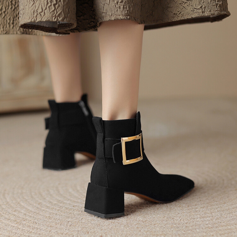 Autumn NEW Genuine Leather for Women Square Toe Chunky Heel Shoes Casual Zipper Modern Retro Black Boots fdd9