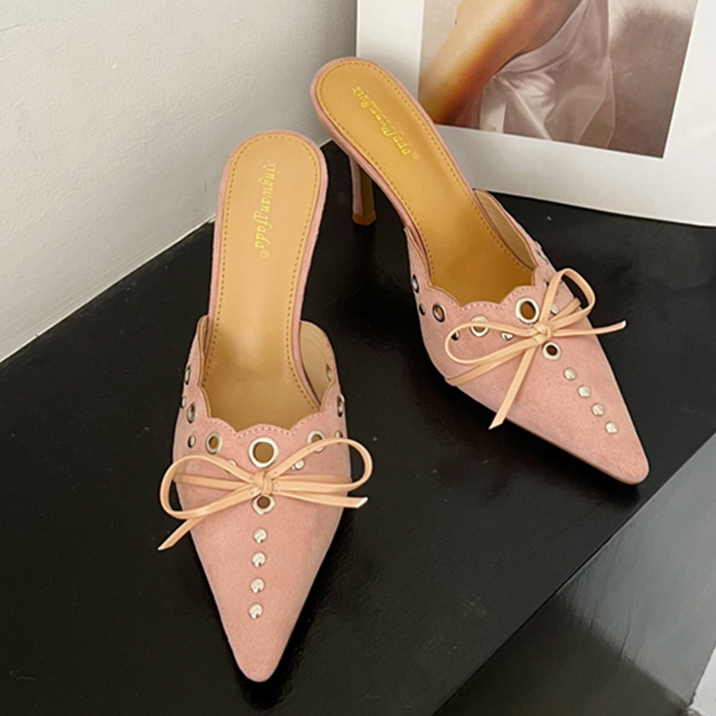Ladies Thin Fashion Butterfly-Knot Rivet Female Slides Slippers Heels Women Footwear Mules Pumps Shoes c6d6