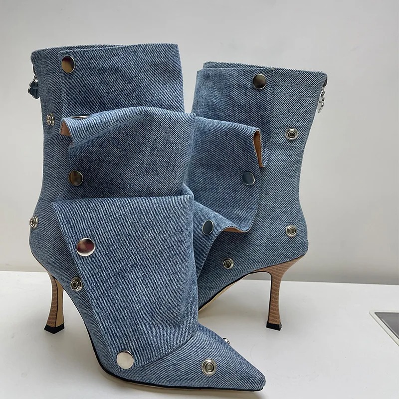 Wrinkled Metal Button Spliced Denim 2024 Women Detachable Mid-calf 34-43 Auto Show Model Fashion Boots