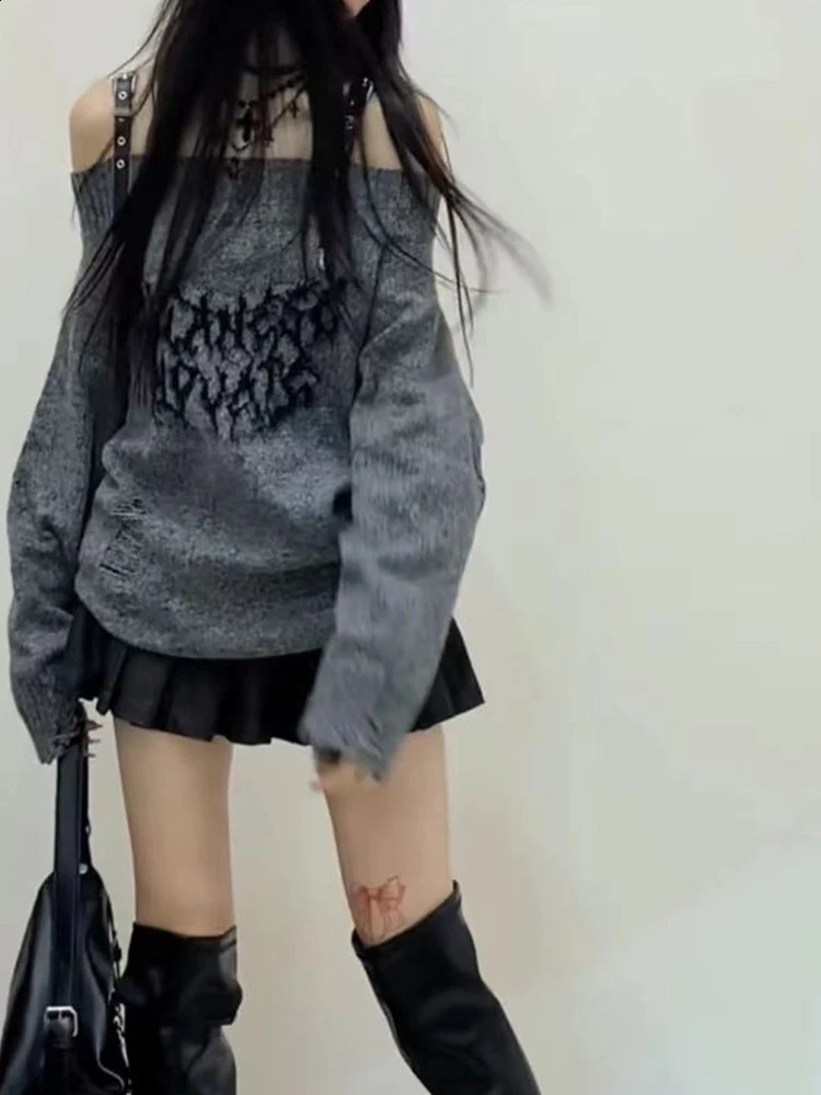 American Retro Fashion Classical Knitwear Sweater Slash Neck Off Shoulder Long Sleeve Ripped Hole Pullovers Chic Y2K Streetwear 240911