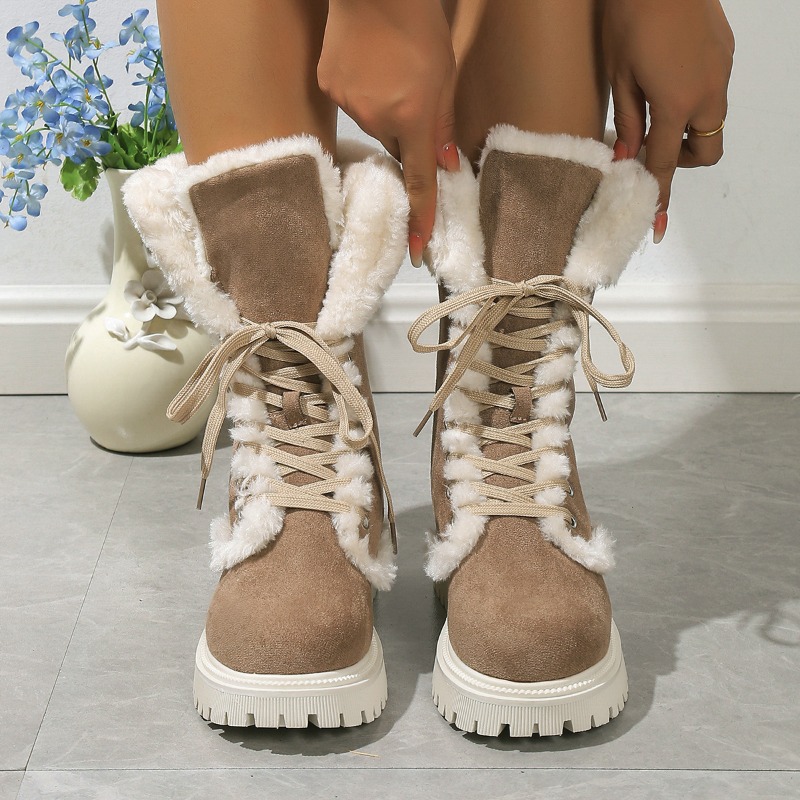 Boots for Women Thicken Plush Snow Winter Faux Fur Flock Platform Ankle Mid-calf Lace-up Snow Thickened Cotton Platform Shoes