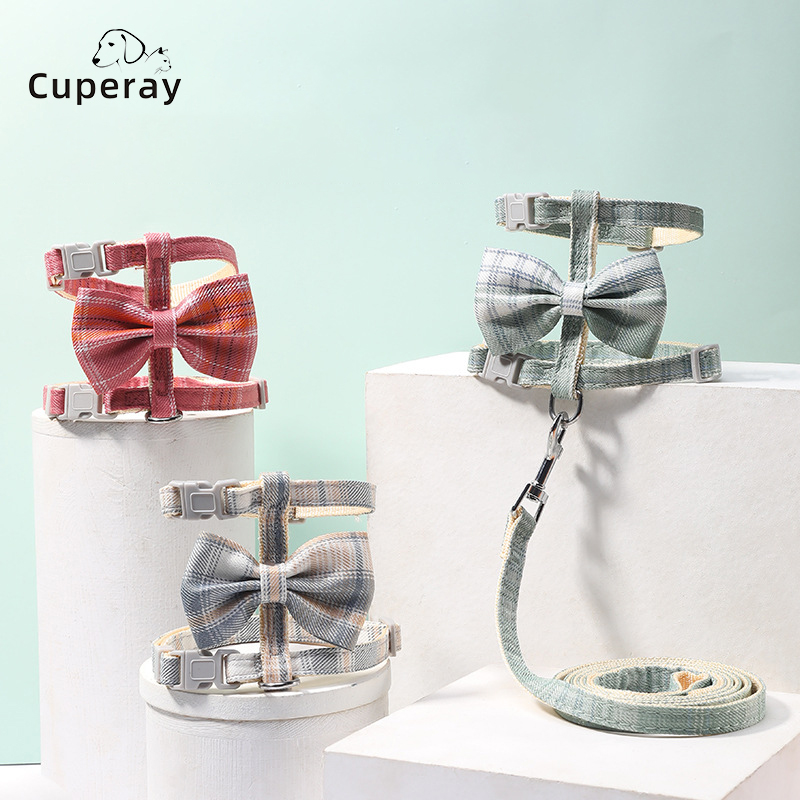 R-shaped Cat Harness and Leash Adjustable Size Plaid Harness with Bow Trim and Leash To Keep Out Break Free Cat Walking for Cats