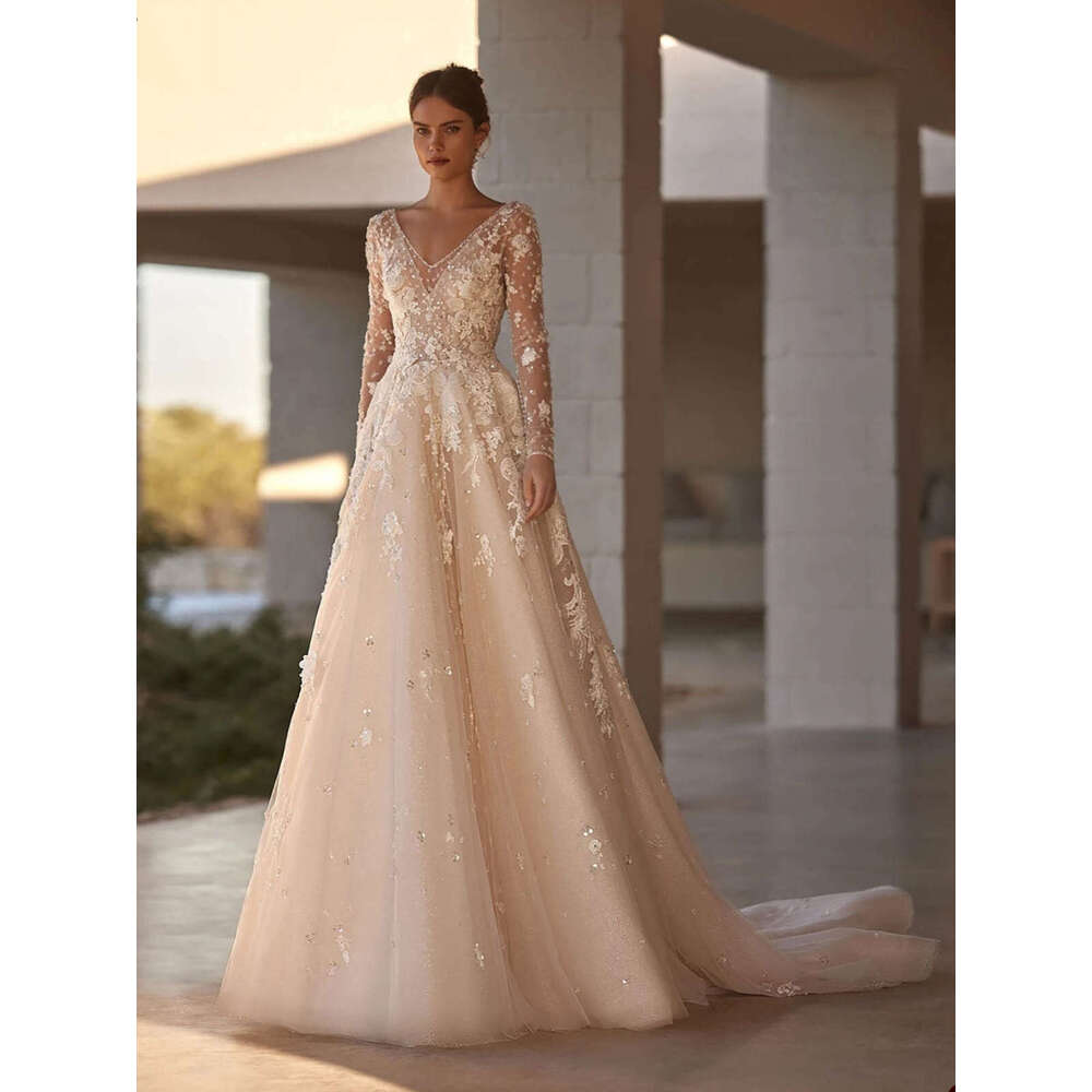 Romantic Wedding Dresses A-E V-Neck Appliques Sequined Sleeve Or-Length Long Bridal Gown Vestido De Novia Custom Made 0228Lz