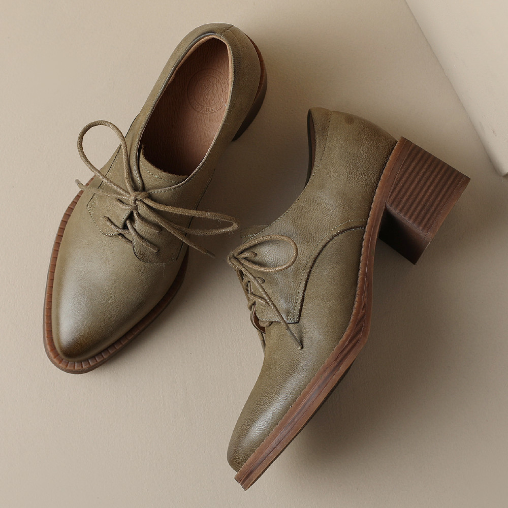 2025 new sheepskin Women's 5.5cm thick heel round toe lace-up oxfords british style female high quality soft comfortable heels shoes 1fc1 s