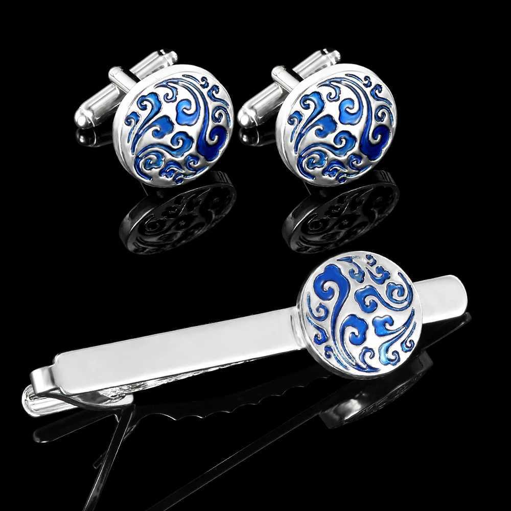 Blue Retro Palace Pattern Mens Cufflinks and Tie Clip Set Round Square Shaped Unique Whale Back Closure For Festival GiftX240914