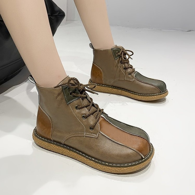 Women Ankle New 2022 Retro Leather Splicing Women's Shoes Vintage Autumn Lace Up Casual Flat Short Boots Botas De Mujer