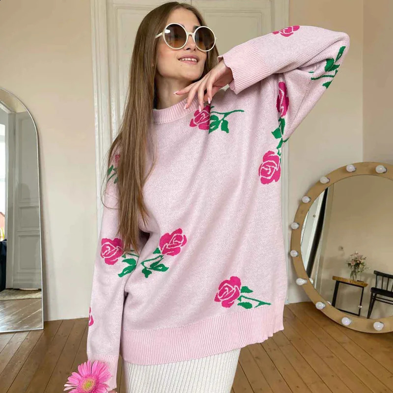 MSCSZ Vintage Floral Sweater Women Fashion Loose Knitted Jumper O-Neck Long Sleeve Pullover Knitwear Winter Clothes Women 2024 240904