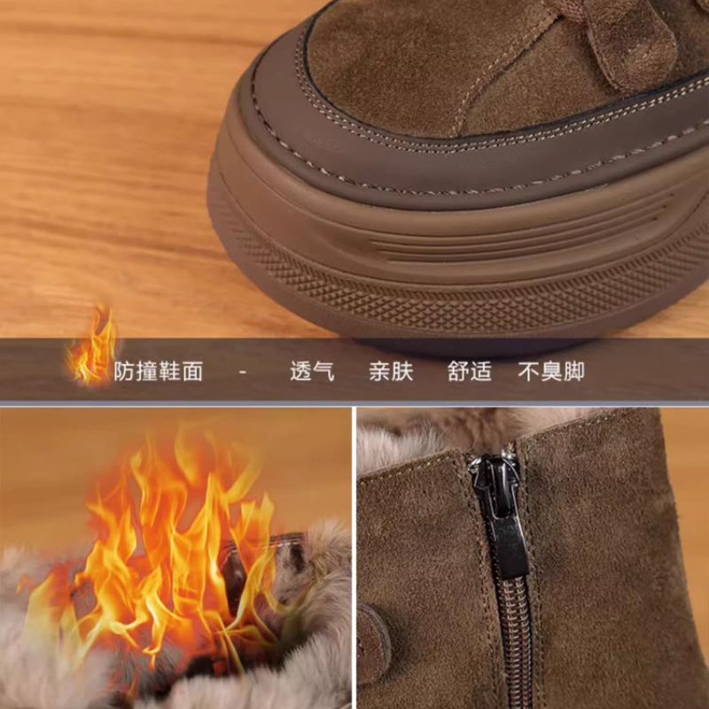 Fashion British Style Winter Nubuck Snow Boots Women's Thick Sole Plush Fur Warm Shoes Round Head Cross-tied Short Ankle Booties 6147