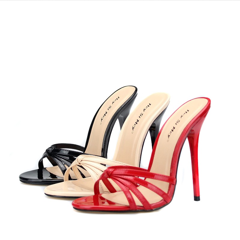 New New 2023 Sandals Summer Retro Slip On Patent Leather 13CM Thin Heels Neutral Slippers Pumps Women Shoes ato Mujer Black 532c pers