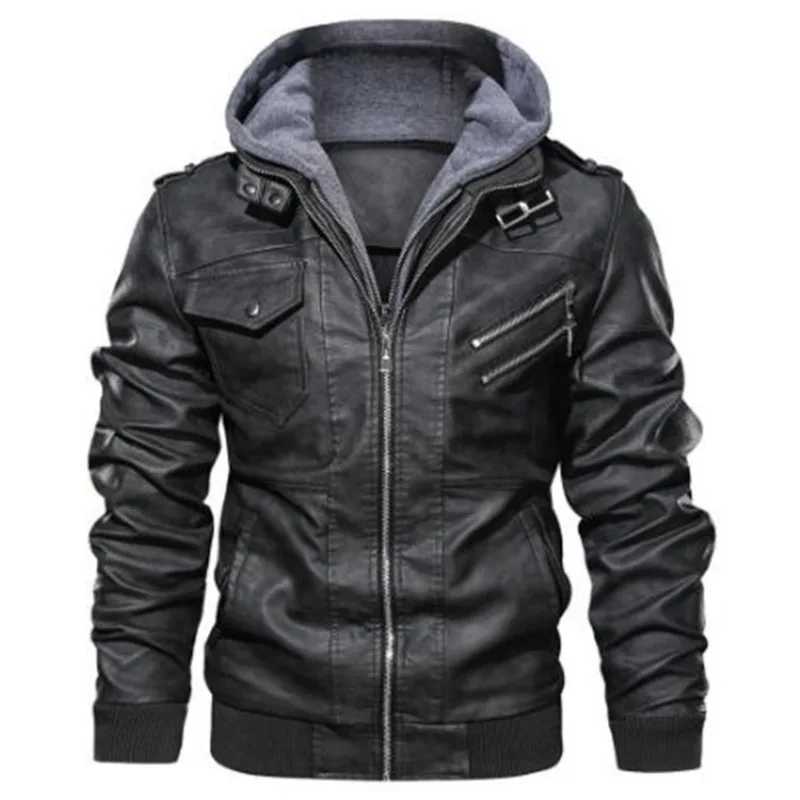 Men Hooded Leather Jackets Slim Casual Leather Coats New Fashion Male Street Wear Motorcycle Leather Jackets Hat Detachable 5XLX240913