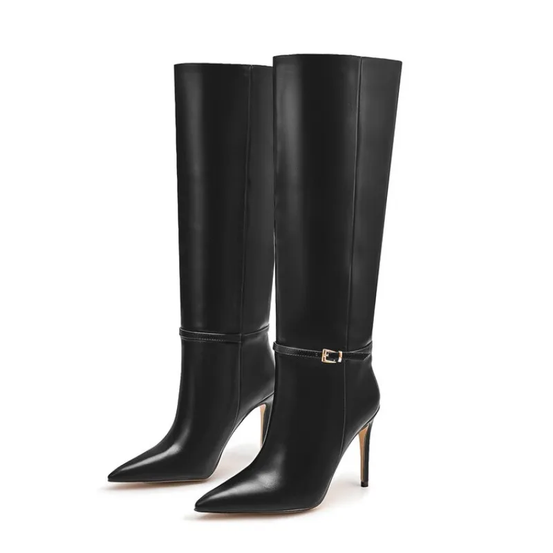 New Solid Color Belt Buckle Decoration High Heels Knee High Boots European American Fashion Pointed Spicy Women Boots Size 35-46
