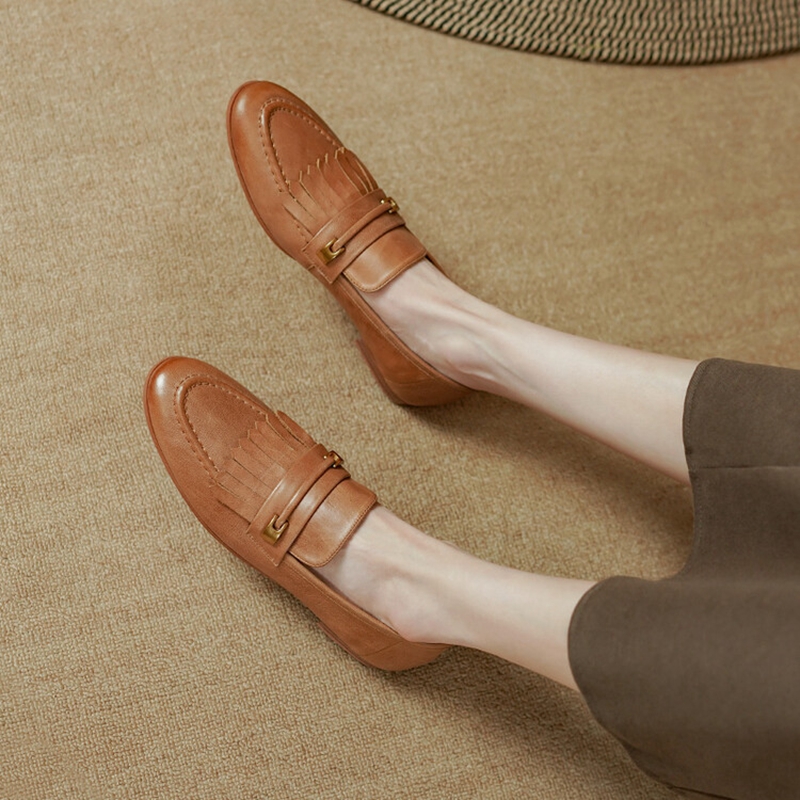 2023 Spring Women Loafers Genuine Leather Shoes for Women Round Toe Chunky Heel Shoes Tassel Low Heel Women Pumps Female Shoes