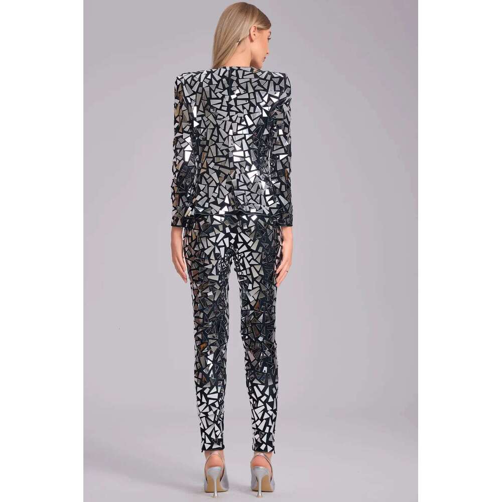 V Neck Mirror Sequin Two Pieces Top And Pant Fashion Women's Matching Spring Autumn Office Lady Long Sleeve Outfit Set