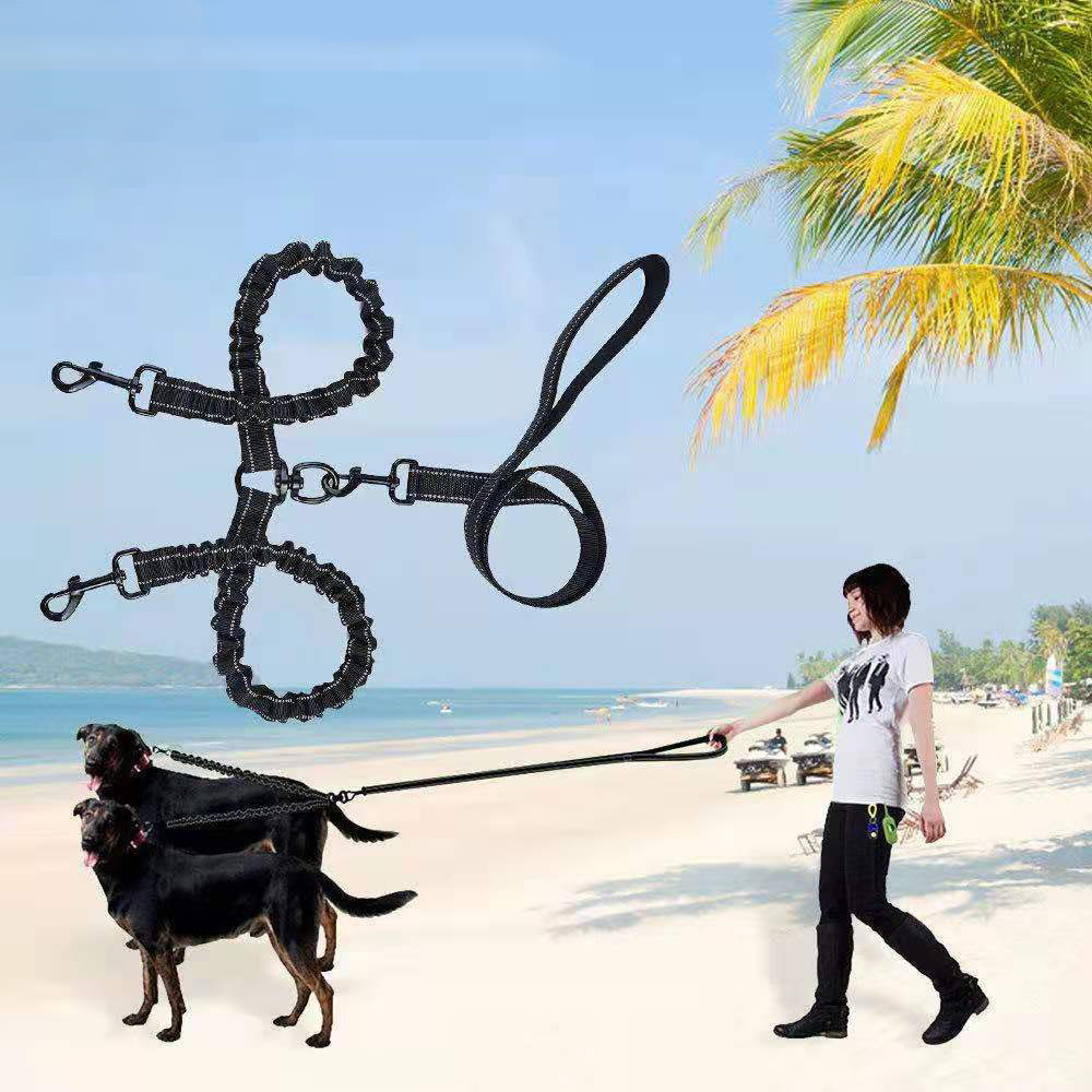 Multifunctional pet leash reflective one drag two double-headed dog leash nylon elastic dog leash for medium and large dogs out