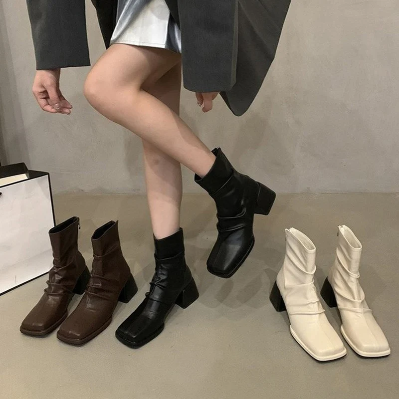 Winter Autumn Women Ankle Boots Fashion Toe Back Zippers Shoes Vintage Square Heels Ladies Short Booties 4fb7
