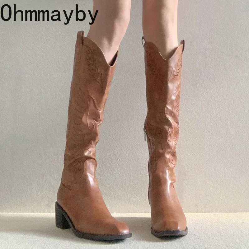V Vintage mouth Women Western Knee-High Boots Fashion Side Zippers Shoes Autumn Winter Thick Heel Ladies Knight Long Booties fba3
