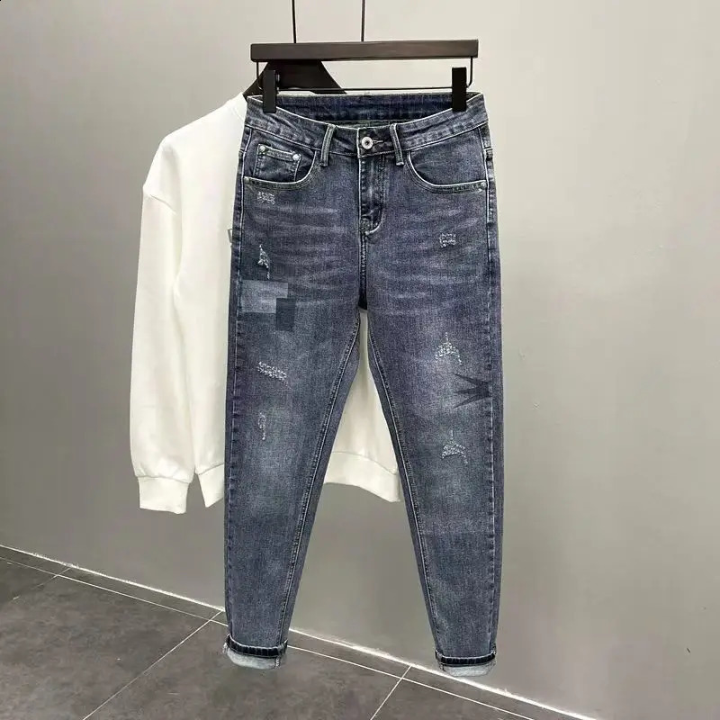 Arrival Fashion Mens Jeans Splicing Cat Whiskers Ripped Scratched Clothing Slim Fit Tapered Legs Slim Jeans 240905