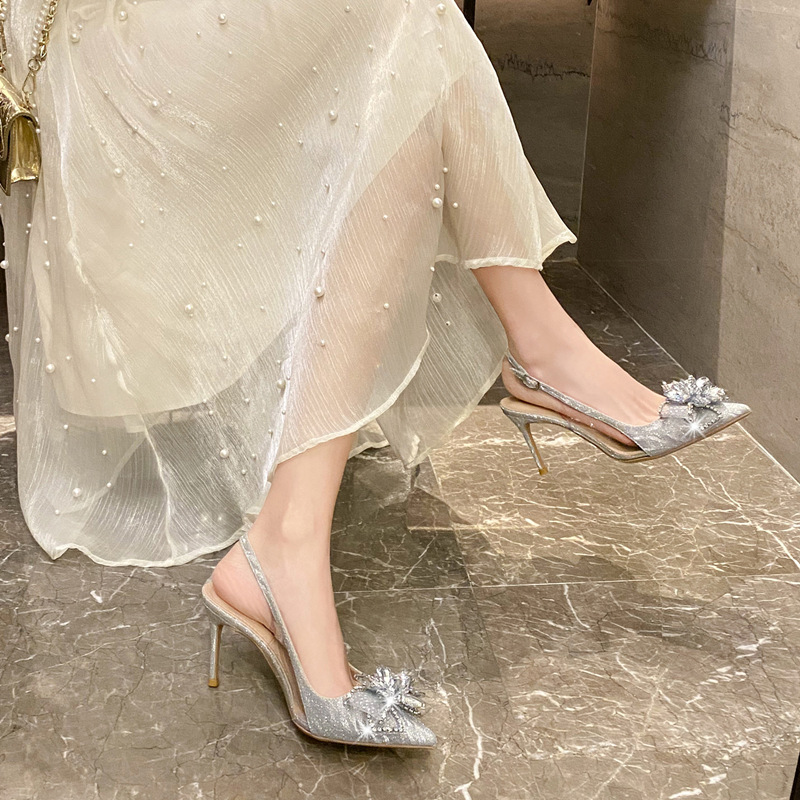 2024 Women Pointy Design Bridesmaid Sandals Temperament Silver High-heeled Sandals Rhinestone Sequin French Wedding Shoes