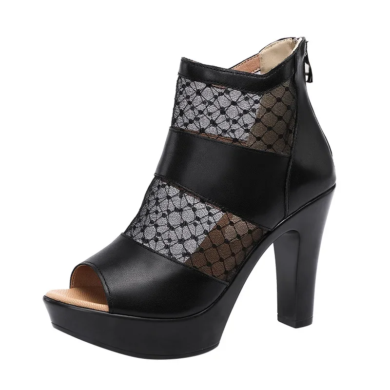 Small Size 32-43 Peep Toe Cutout Lace Soft Leather Shoes Women Summer 2024 Block High Heels Gladiator Sandals Sexy Booties