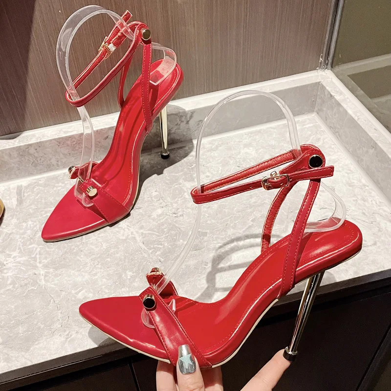 Eilyken Street Style Sexy Rivet Stiletto High Heels Women Sandals 2024 Summer New Buckle Strap Wedding Party Female Shoes 8c21