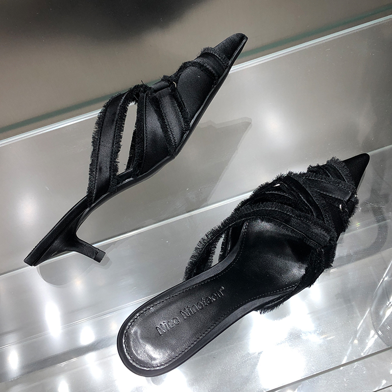 Heel Medium For Ladies 2023 Designer Fashion Denim Female Pointed Toe Pumps Heels Mules Slides Elegant Women Shoes 049d s