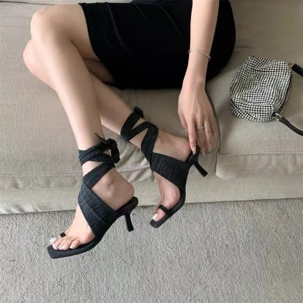 Clip-on Stiletto Sandals Women's Summer Hollow Denim Shoes 2024 Word Cross Strap High-heeled Shoes Roman Shoes Women