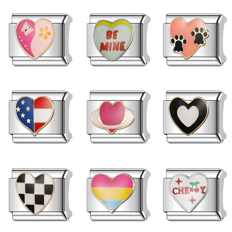 New Women's Gift Pink and rainbow heart Bead Italian Charms Links Bangle Beads Fit 9mm Stainless Steel Bracelet Making DIY For Women Fashion Jewe
