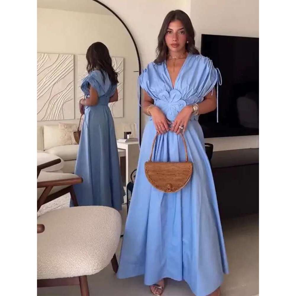 Chic Three-Dimensional Wer Drawstring Dress Women V-Neck Sleeveless High-Waisted Robe Lady Fashion Street Dresses