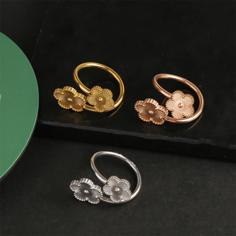 Botanical Laser Five Leaves Flower Open Ring Highquality Gold Silver Rose Black Double Clover Ladies 240906