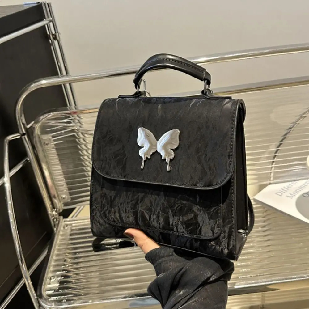 Large capacity Korean square backpack with butterfly pattern Pu leather backpack solid color handbag Y2k student backpack 240912