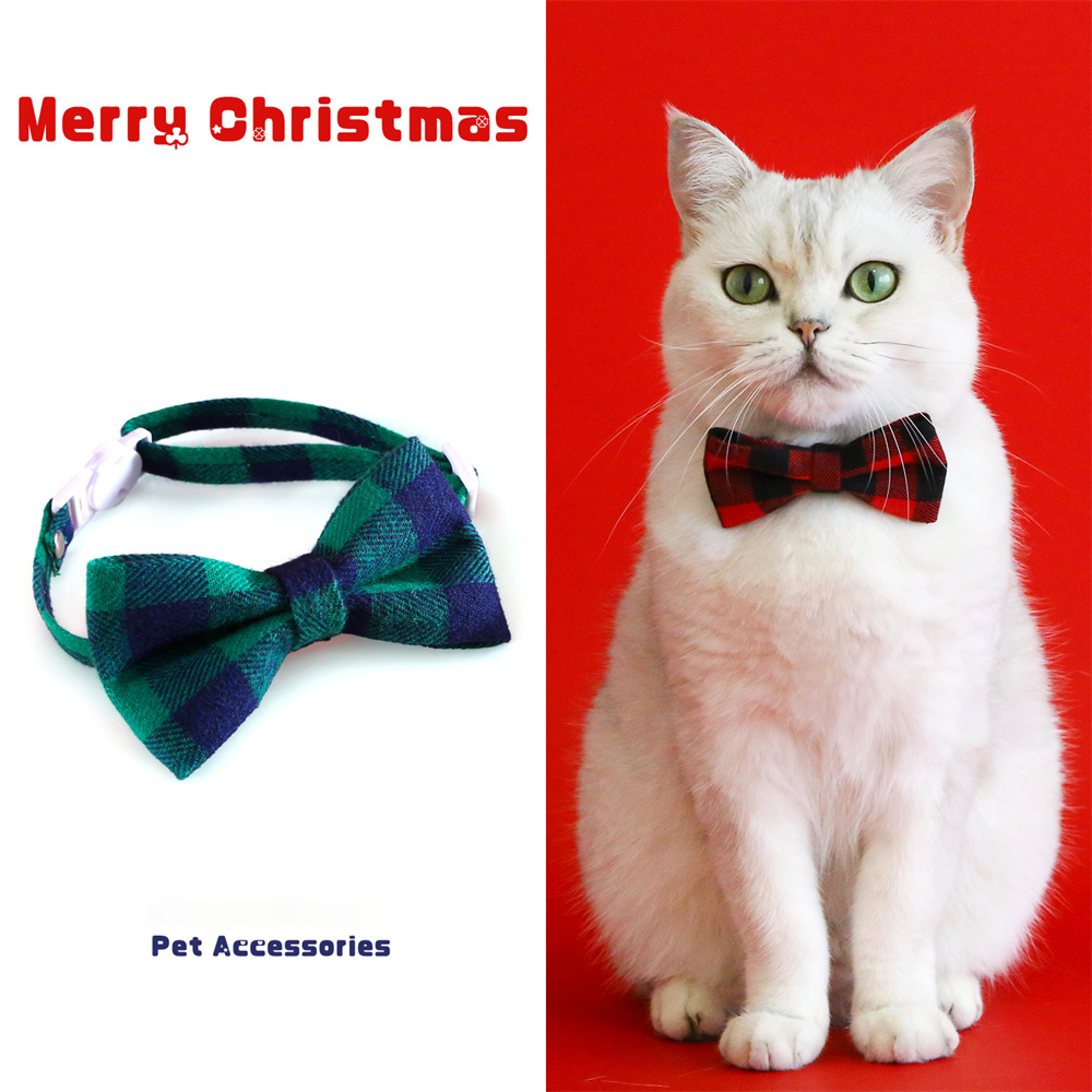 Christmas Bow Tie Pet Collar Red & Green Plaid Anti-Suffocation Adjustable Cat Collar Bow Tie Puppy Collars Necklace Accessories