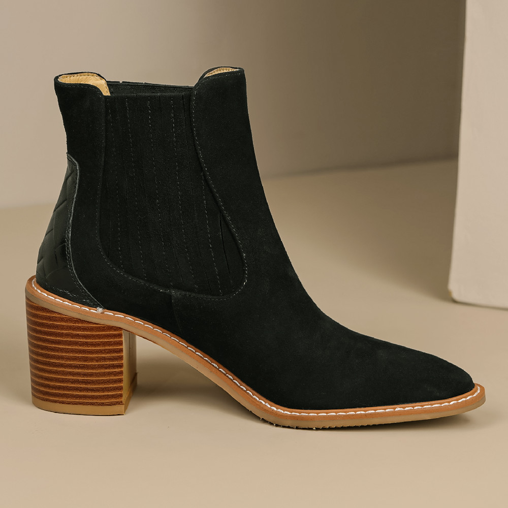 danxuefei women's natural suede leather autumn ankle boots 6cm thick high heel pointed toe slip-on OL style short booties shoes