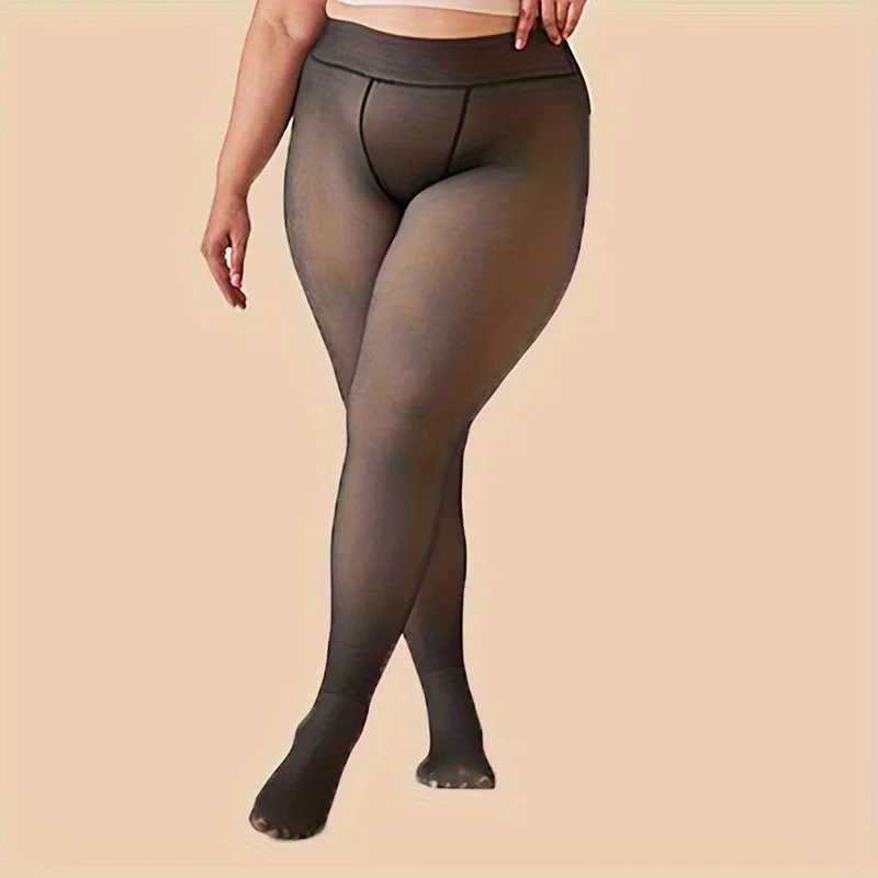 Womens Plus Casual Tights Plus Size Solid High Waist Fake Transparent Fleece Lined Warm Leggings For Fall WinterX240914