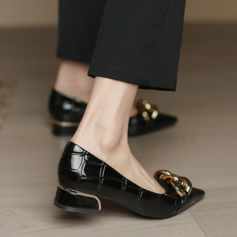 New Women Boat Shoes High Heels Snakeskin Pattern Pumps Pointed Toe Chain Slip on Low Heels Dress Shoes Shallow Office 1115N
