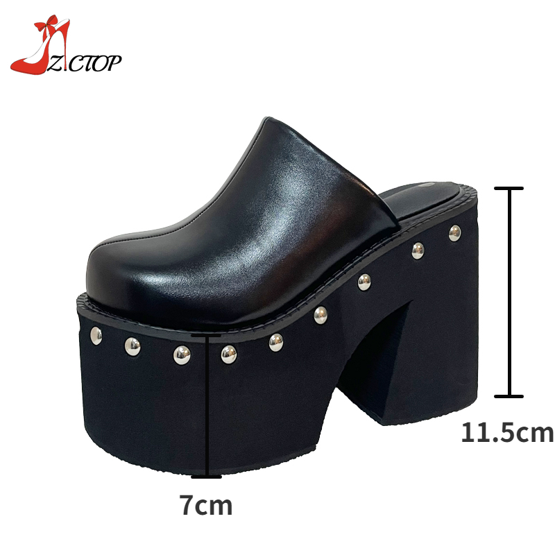 Women's Platform Sandals Black Gothic Closed Toe Chunky High Heels Slippers Rivet Slip On Y2k Punk Shoes Women Summer Size 41 42